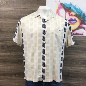 Nat Nast Luxury Originals Mens Large 100% Silk Cream Navy Damask Camp Shirt